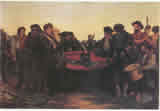 Painting of Confederate soldiers rolling up the flag after General Lee's surrender