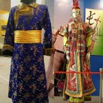 Buryat Mongolian dress deel (the square opening edges on the chest area) for a man (left) and an earlier dress deel for a woman (right) showing more elaborate design including taller hat.