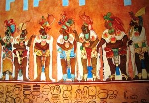Artist’s copy of a mural at the Temple of the Murals at Bonampak by Elelicht (Own work) [CC-BY-SA-3.0 (http://creativecommons.org/licenses/by-sa/3.0)], via Wikimedia Commons