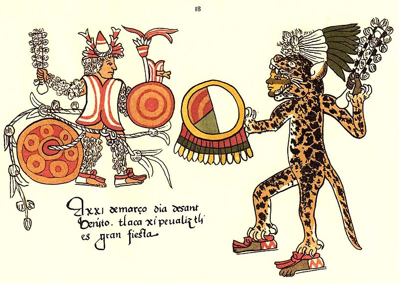 Aztec ritual sacrificial combat. A captured warrior from a Flower war is tied to a heavy stone and given a club of feathers. An Aztec jaguar knight fights him with a club of razor sharp obsidian.