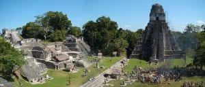 Temple I on The Great Plaza and North Acropolis seen from Temple II in Tikal, Guatemala. By Bjørn Christian Tørrissen [CC BY SA, 3.0], via Wikimedia Commons