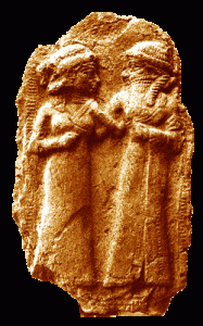 The marriage of Inanna and Dumuzi on a Sumerian relief. Public domain, via Wikimedia Commons