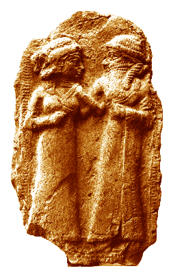 The marriage of Inanna and Dumuzi on a Sumerian relief. Public domain, via Wikimedia Commons