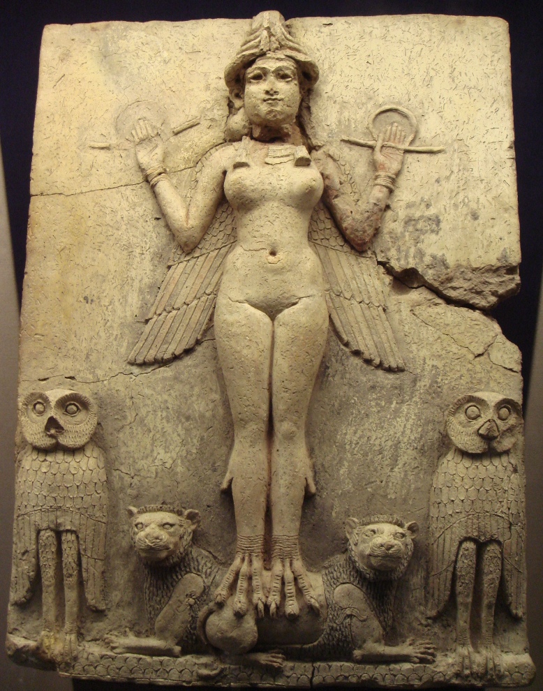 Famous relief from the Old Babylonian period (now in the British museum) called the “Queen of the Night” relief. Shows the goddess Inanna, later known as Ishtar. Public domain, via Wikimedia Commons