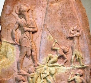 Stele of Narâm-Sîn, king of Akkad, celebrating his victory against the Lullubi from Zagros. Limestone, c. 2250 BCE. Public domain, via Wikimedia Commons